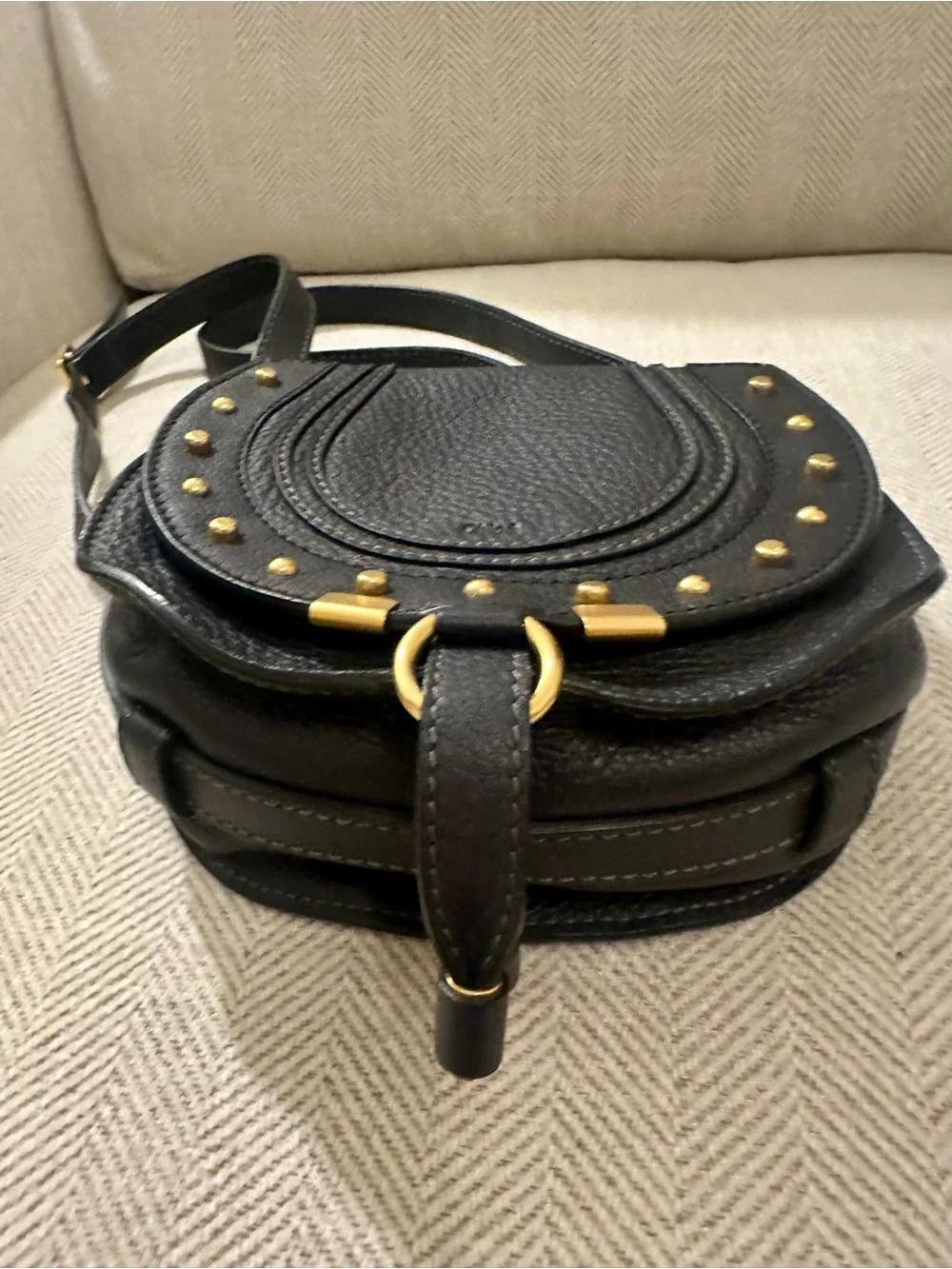 Chloé Midnight Navy Leather Small Marcie Saddle Crossbody with Gold Studs - Picture 10 of 10